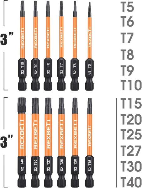 REXBETI 12 Piece Torx Head Screwdriver Bit Set, 1/4 Inch Hex Shank S2 Steel Magn