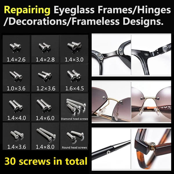 Eye Glass Repairing Kit, S2 Steel Screwdriver with 15 Types of Screws, Precision