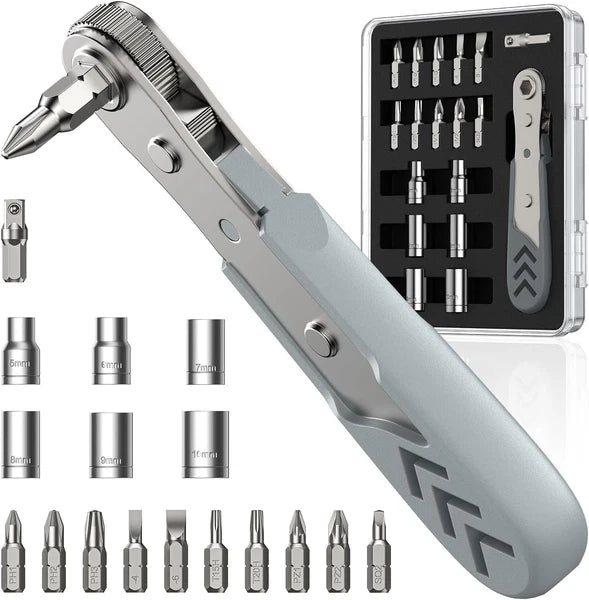 17in1 Right Angle Ratcheting Screwdriver Set, [Bearing Steel] 36-Tooth Mini Ratc