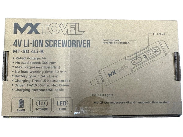 MX Tovel Handheld Electric Screwdriver 26 Piece Set 4V Li-Ion USB Charger LED
