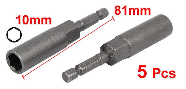 5pcs 81mm Length 1/4" Hex Shank 10mm Hexagonal Deep Socket Nut Driver Bit Gray