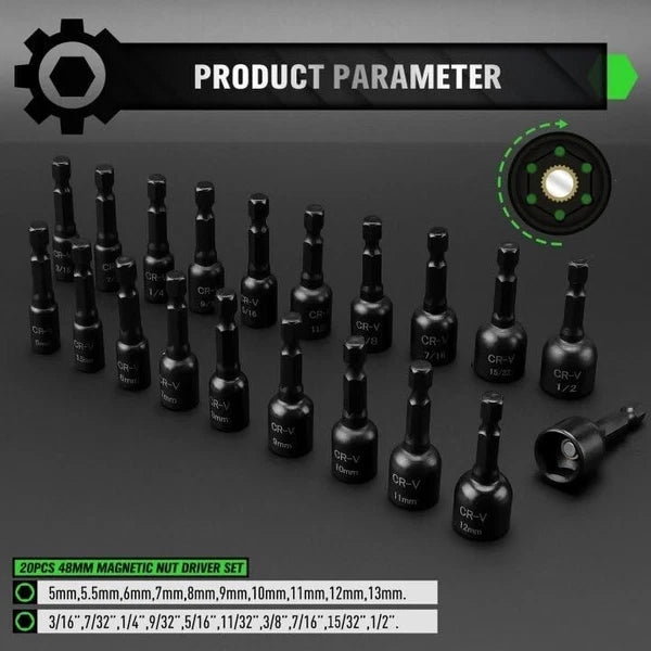 55-Piece Magnetic Nut Driver Set, Metric & SAE 1/4" Hex Shank, Impact Driver