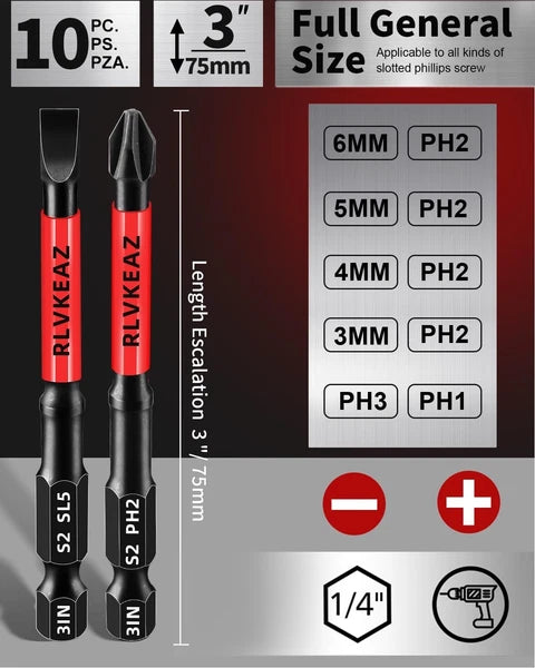 10-PCS 3" Long Magnetic Screwdriver Bits Set: Phillips Bits #1/#2/#3 & Slotted H