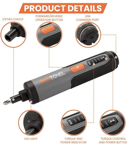 MX Tovel Hand Electric Screwdriver Kit - 4V Cordless Electric Screwdriver 26pc