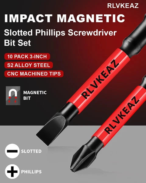 10-PCS 3" Long Magnetic Screwdriver Bits Set: Phillips Bits #1/#2/#3 & Slotted H