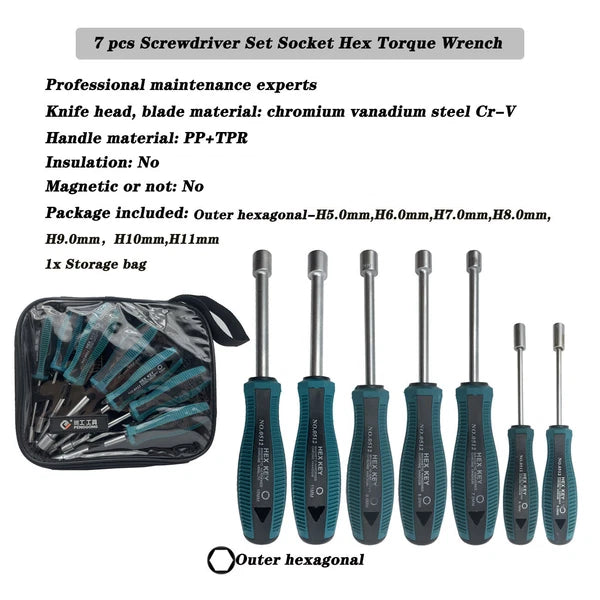 7pcs Metal Socket Wrench Screwdriver set Hex Steel Hex Torque Hexagonal 5mm-11mm