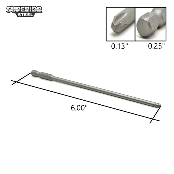 2# Phillips Head Power Screwdriver Bits - 6 Inch Long - 4.5mm Dia - 5 Pack