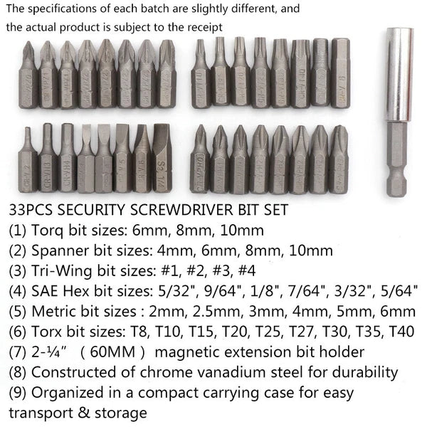 33Pcs Security Bit Set Tamper Proof Torx Spanner Screwdriver Star Hex Holder Rod